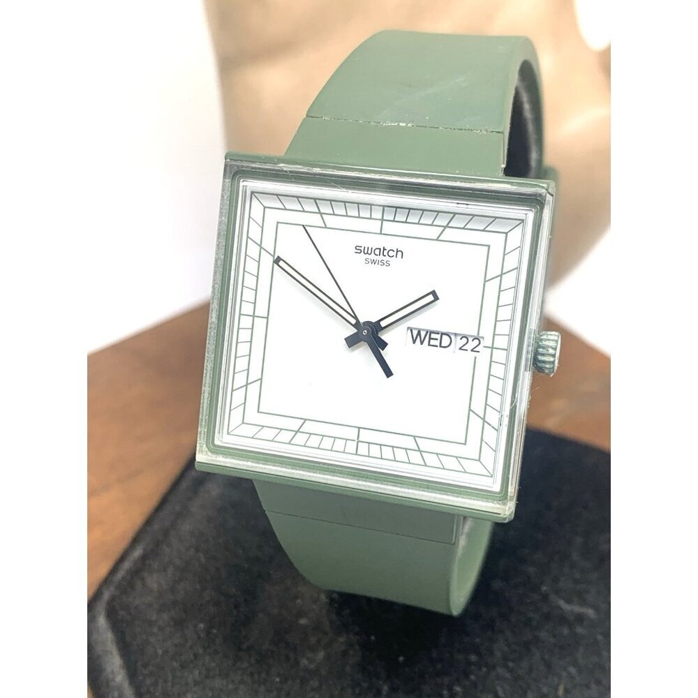 Swatch Women's Watch SO34G700 What If Swiss Quartz White Dial Green Rubber 33mm